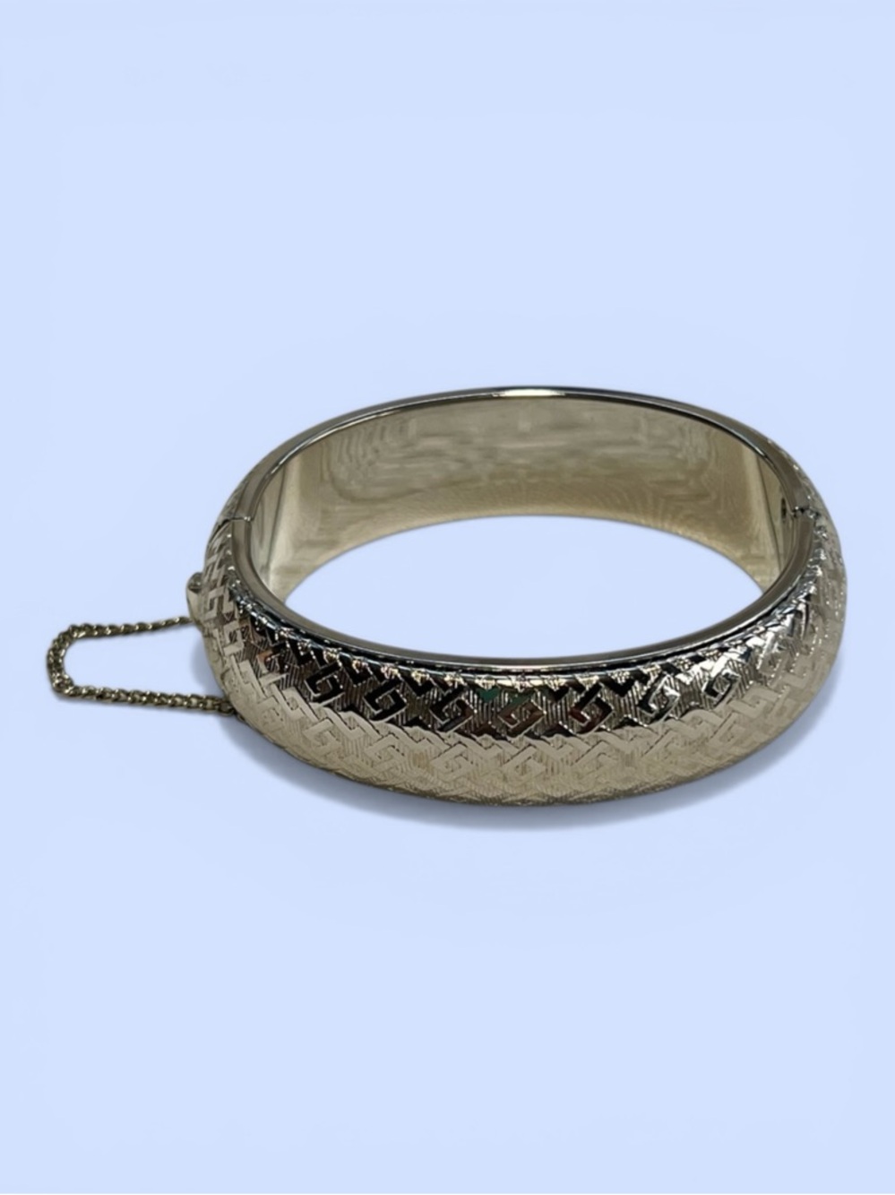 Silver Tone Hinged Bangle Bracelet Safety‎ Chain VTG EUC